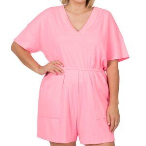 Zenana Plus Size Bright Pink V‑Neck Romper with Pockets 1X